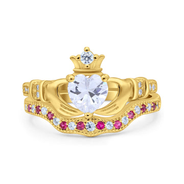 14K Yellow Gold Claddagh Accent Heart Wedding Bridal Set Piece Ruby Simulated Cubic Zirconia Wedding Ring